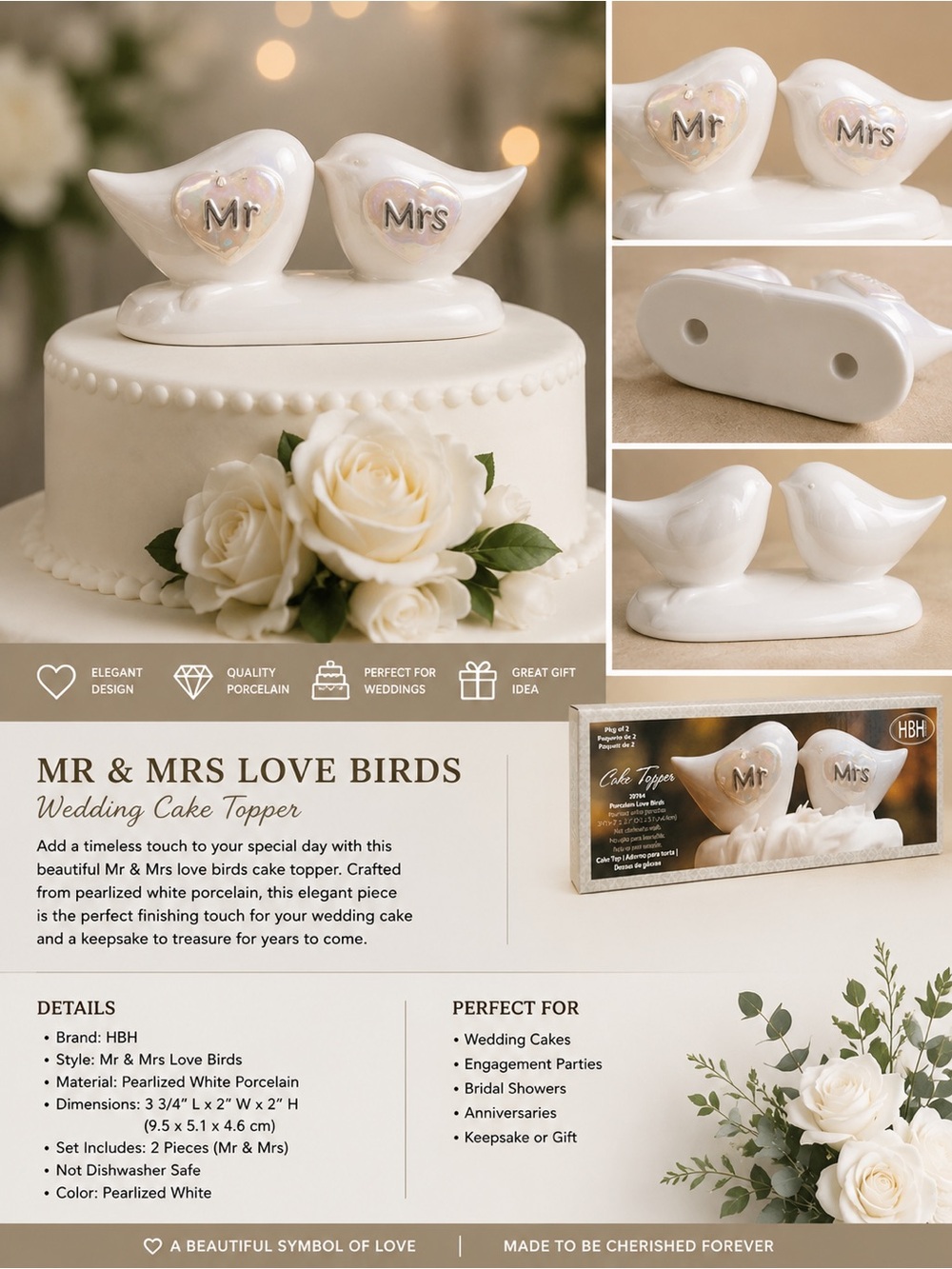 Mr & Mrs Pearlized White Love Birds Cake Topper